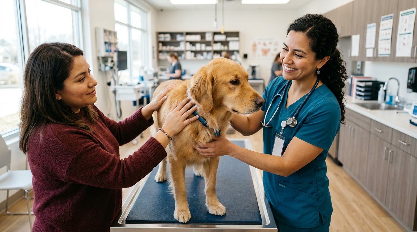 Veterinaria examinando a un golden retriever junto a su dueña