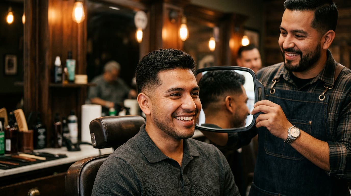 Cliente mirándose el corte terminado en el espejo
