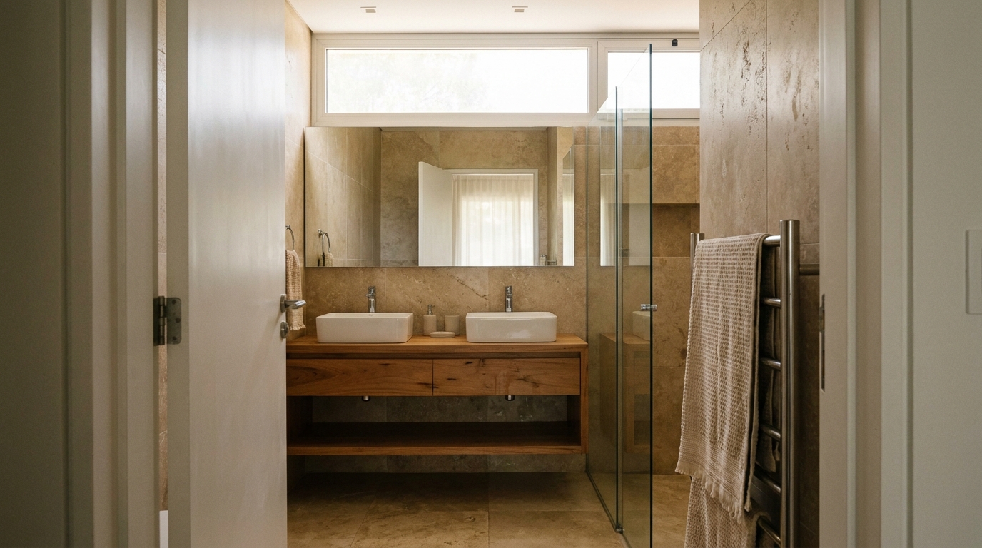 Baño en suite con doble vanitory de madera