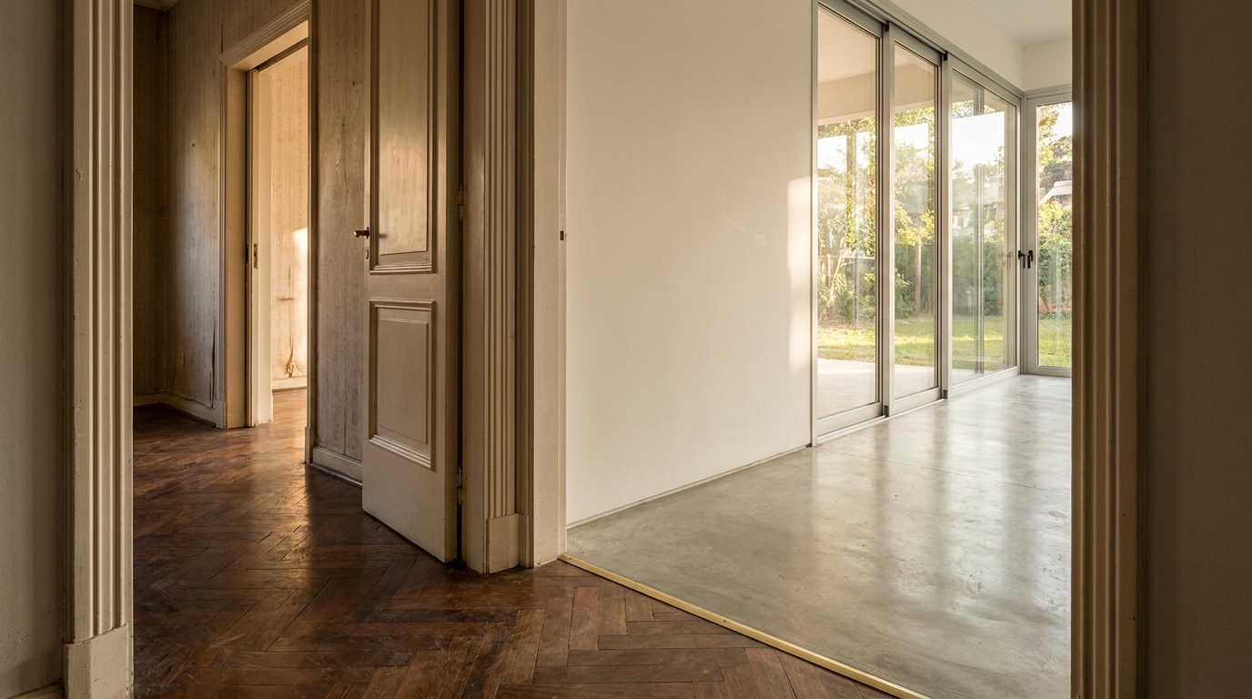 El encuentro entre el parquet de la casa original y el hormigón de la ampliación