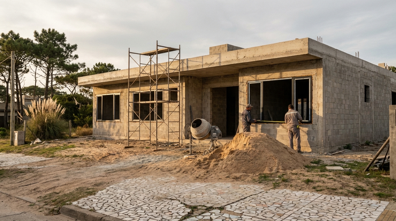 La obra en etapa estructural, con la losa colada y los vanos abiertos