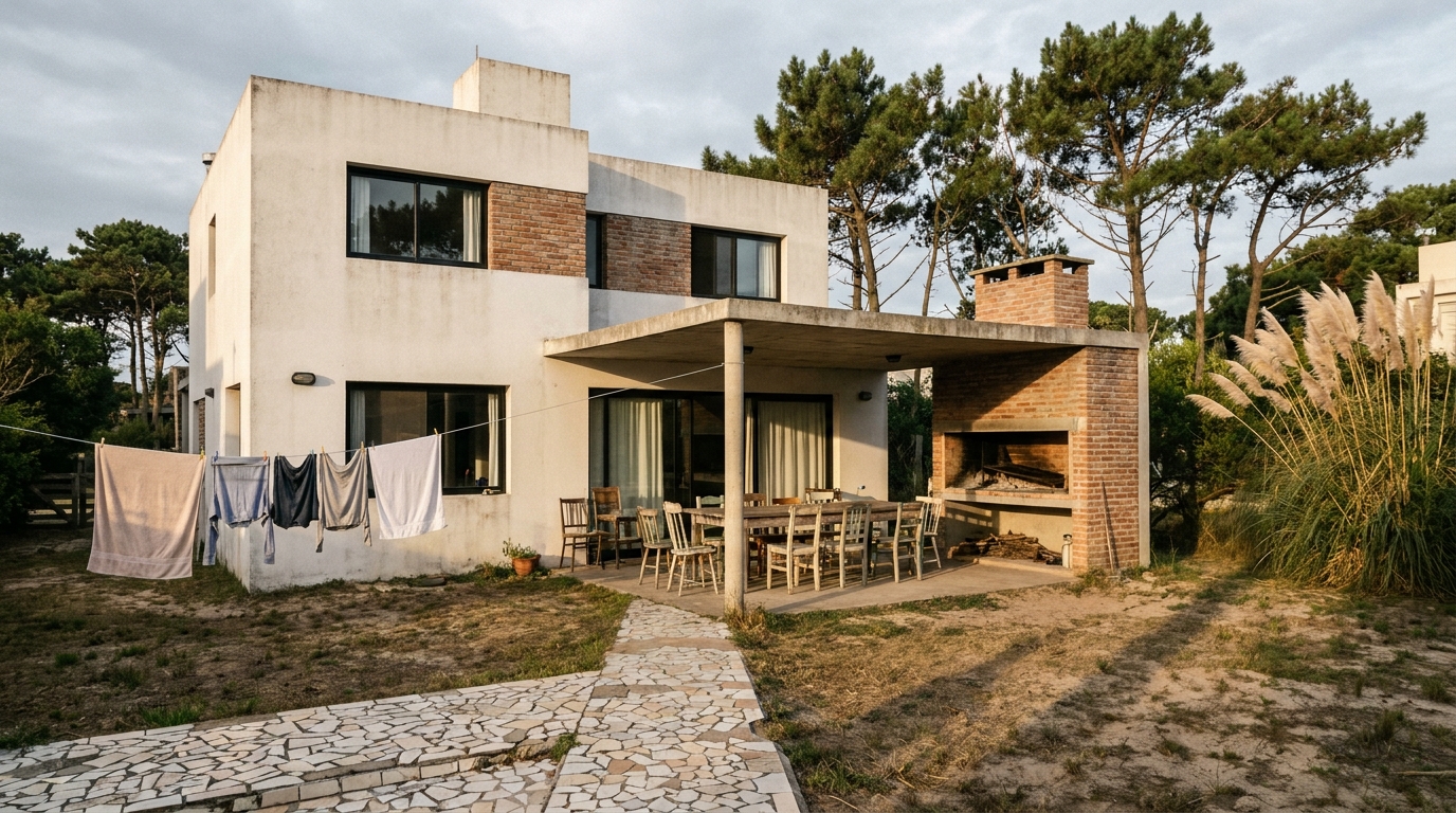 Galería con parrillero y mesa larga en el fondo de la casa