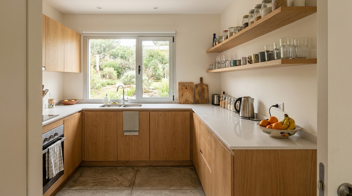 Cocina con frentes de madera clara y mesada blanca