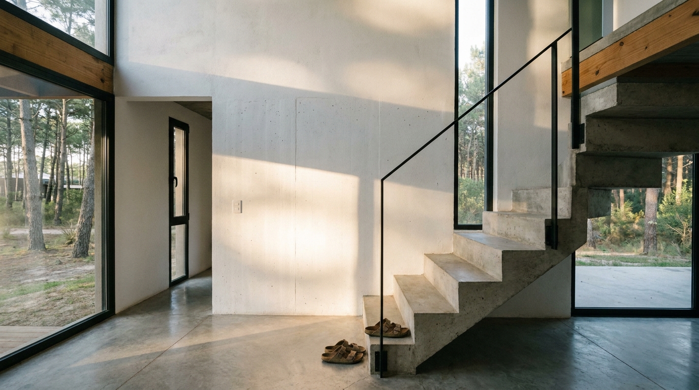 Escalera de hormigón y hall de doble altura con luz de tarde