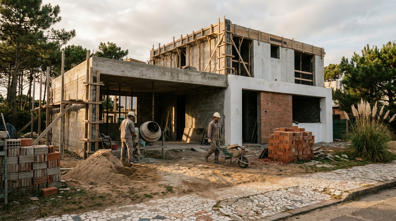 La casa durante la obra gruesa, con andamios y muros de bloque