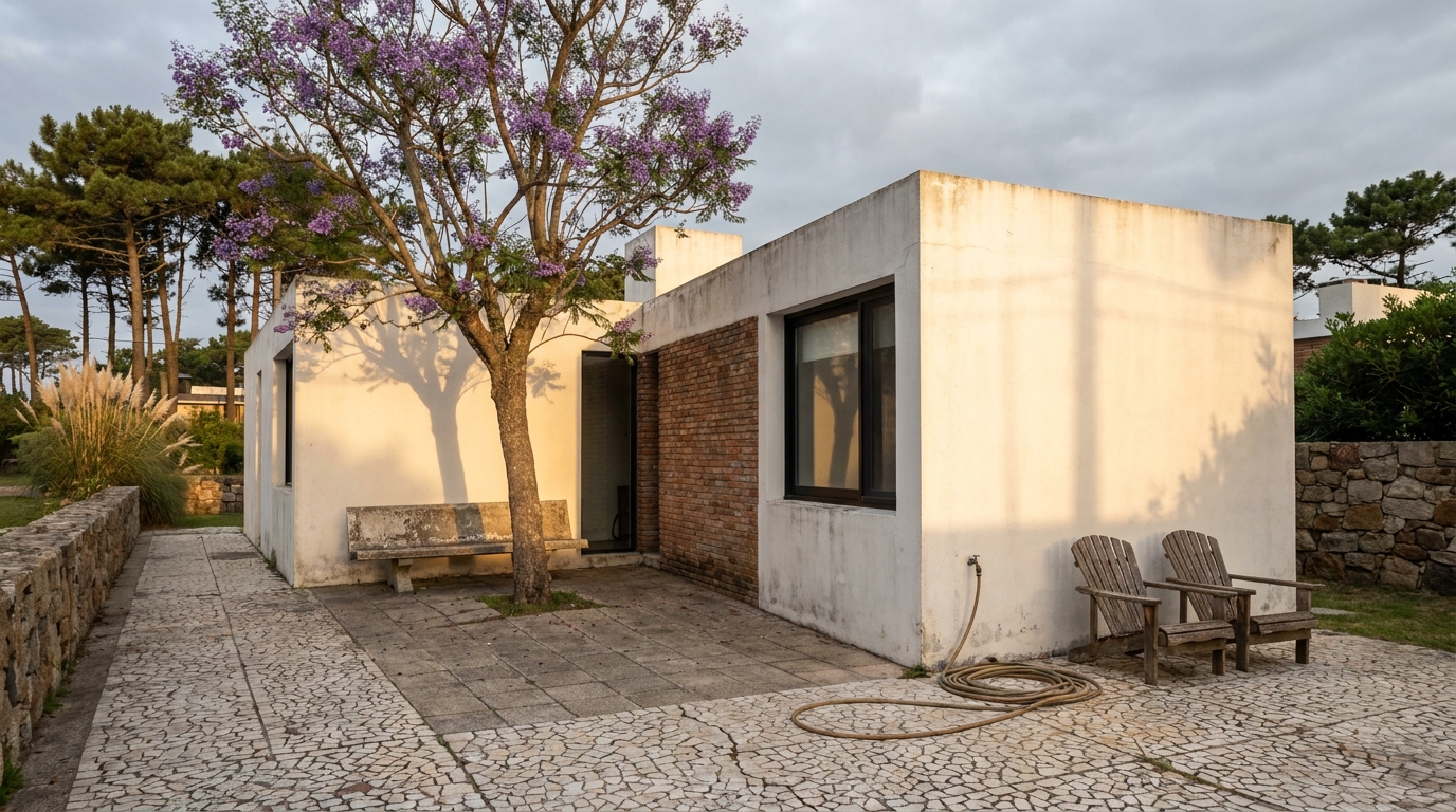 Patio al norte con jacarandá y banco de hormigón