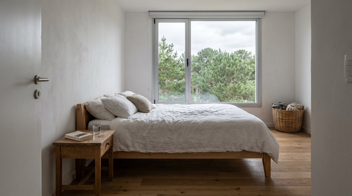 Dormitorio principal con piso de roble y vista a los pinos