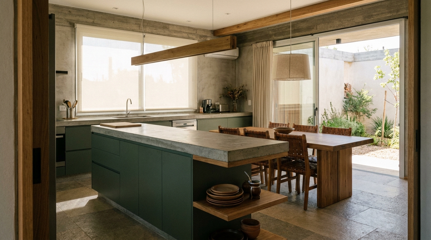 Cocina con isla de hormigón y comedor de madera