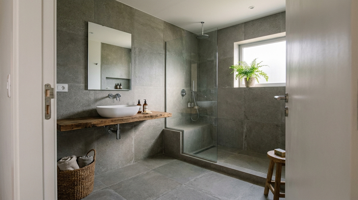 Baño con porcelanato gris y ducha con lluvia
