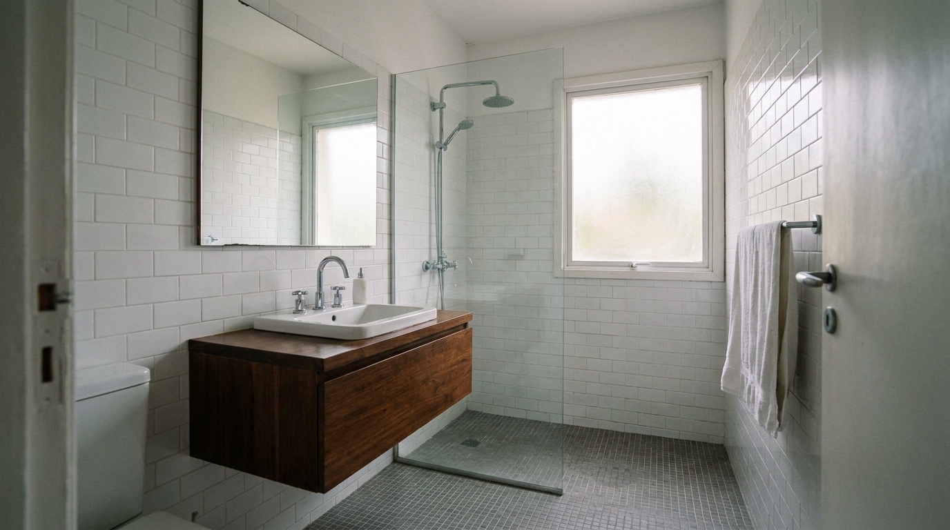 Baño reformado con azulejo subway blanco y vanitory de madera