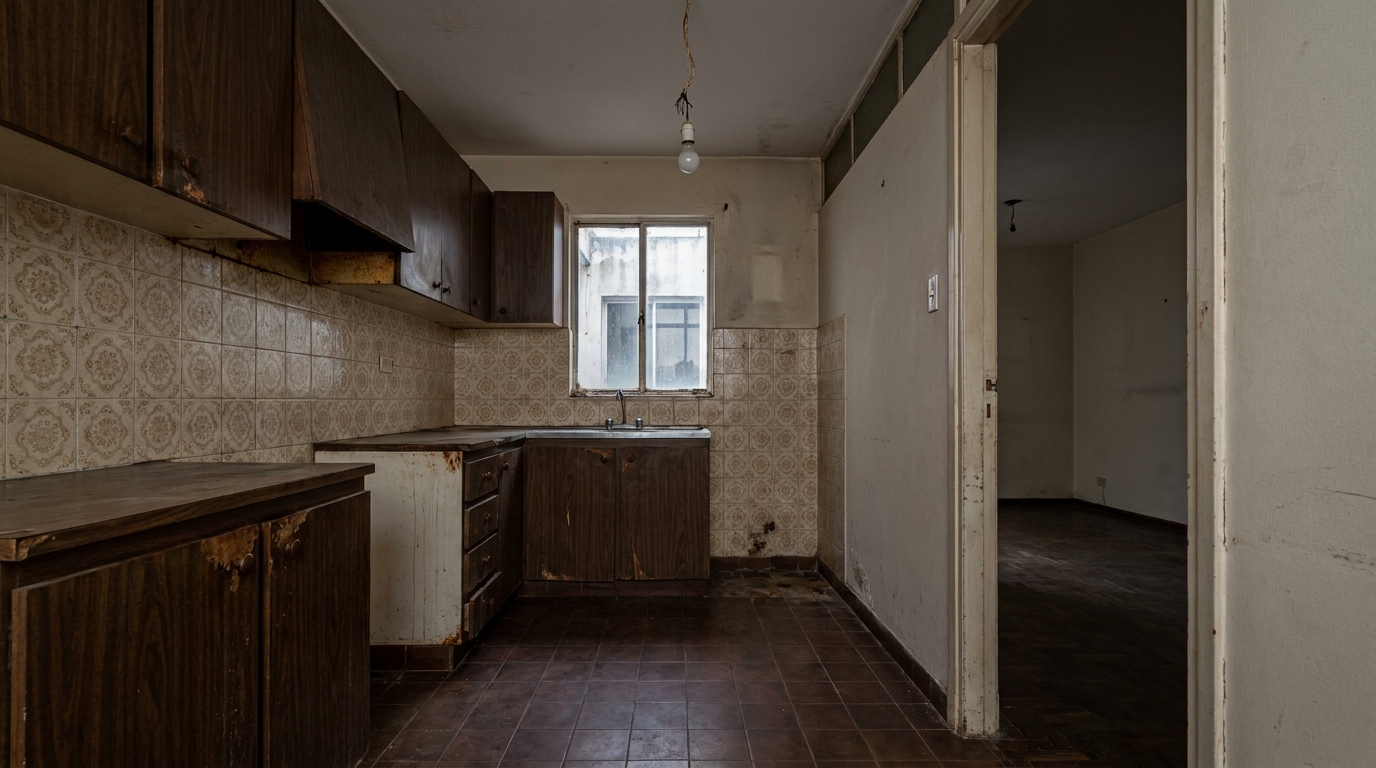 La cocina antes de la reforma: oscura, cerrada y con muebles gastados