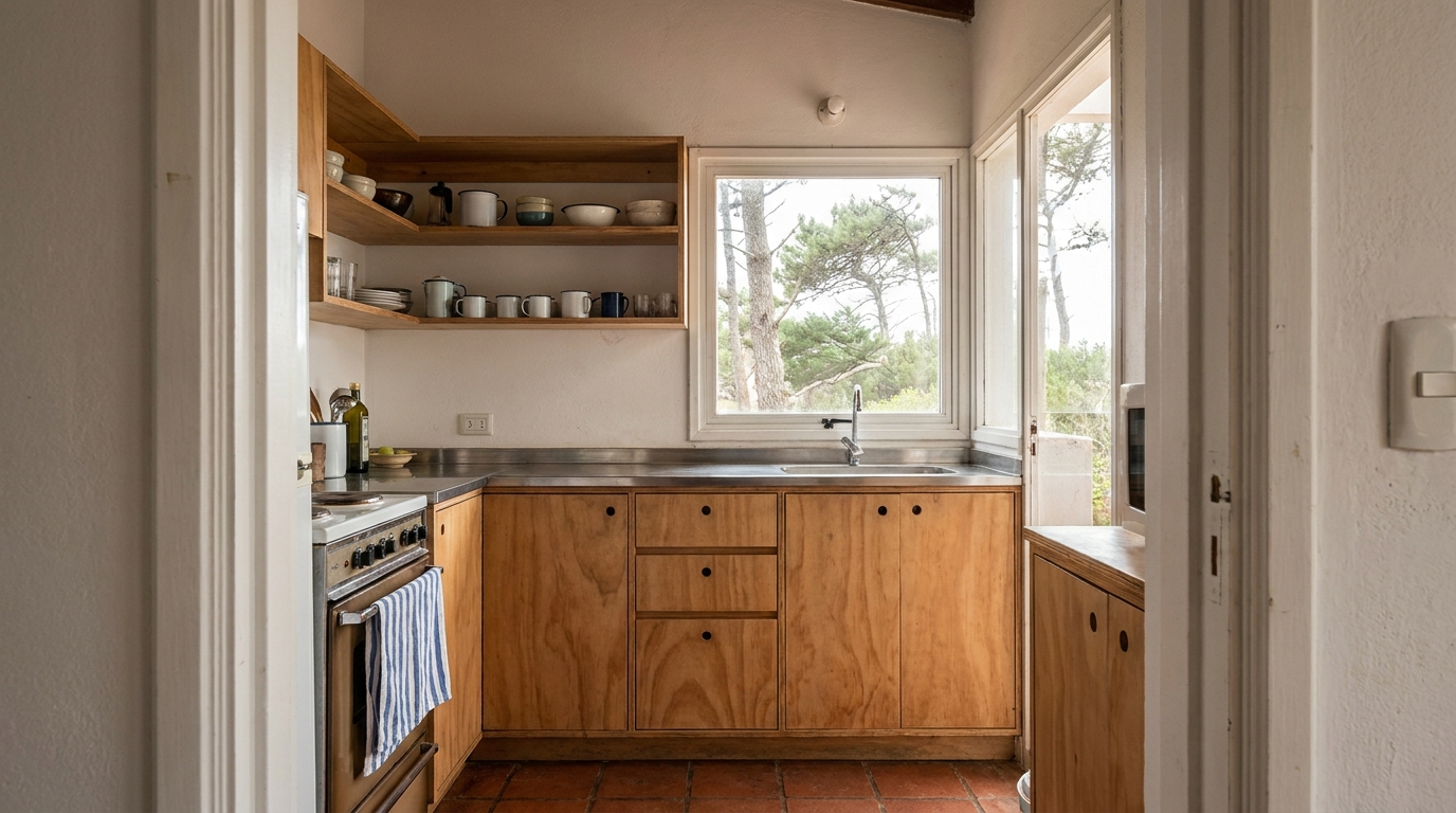 Cocina simple con frentes de fenólico y mesada de acero