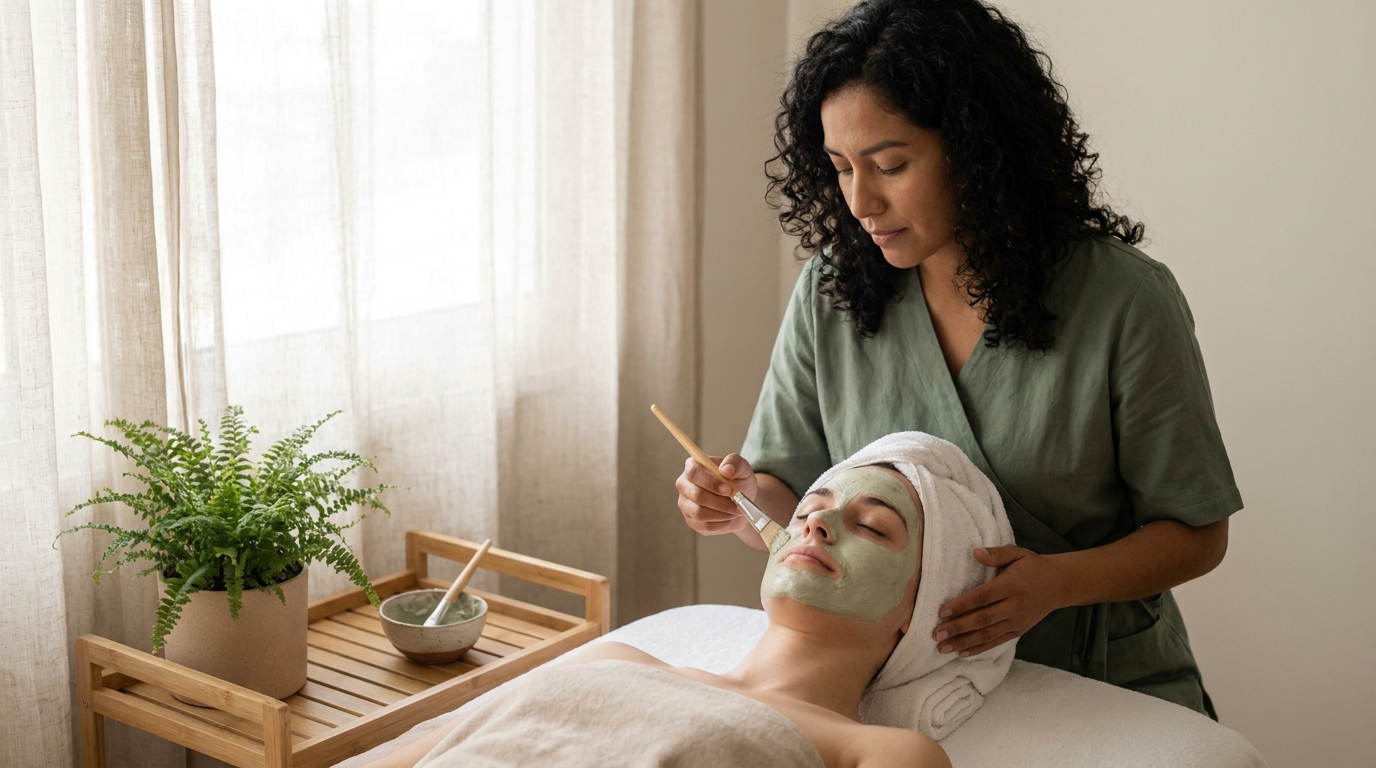 Cosmetóloga aplicando una mascarilla facial con pincel