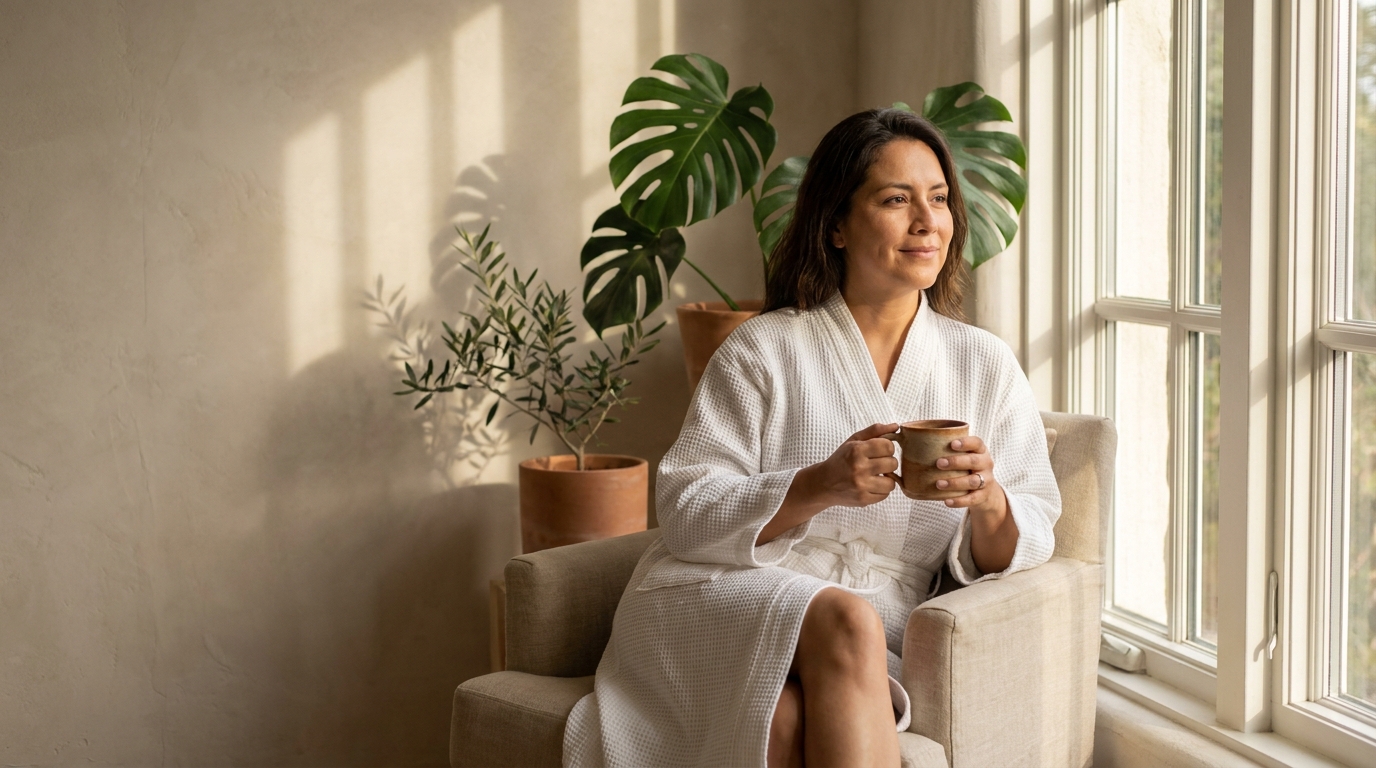 Clienta en bata tomando un té junto a la ventana después de su sesión